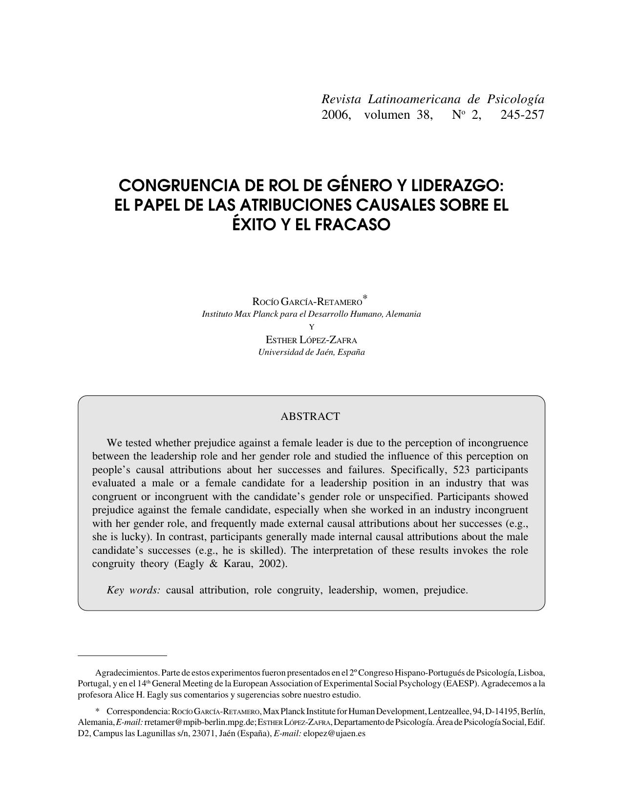 Congruencia de rol de genero y liderazgo: el papel de la atribuciones causales sobre el exito y el fracaso